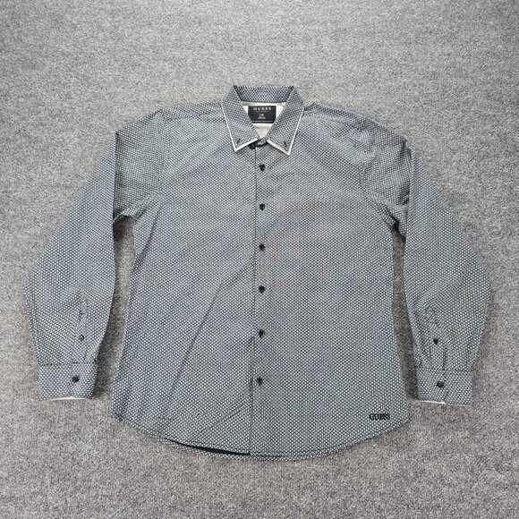 Guess Shirt Mens Large Black Gray Geometric Button Up Long Sleeve‎ Slim Fit - Picture 1 of 8